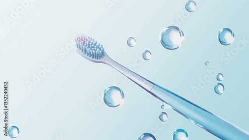 Close-up studio shot of a wet toothbrush with numerous water droplets scattered on a light blue background. The toothbrush is positioned diagonally, with the head pointing towards the upper left