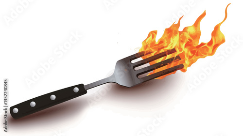 Close-up digital illustration of a metal fork with a black handle engulfed in flames against a white background. The fork is angled diagonally across the frame.  The flames are rendered