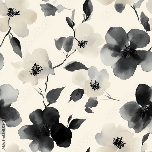 Elegant pattern of watercolor flowers in black and white on a cream background. Watercolor print in rustic vintage style, textile or wallpapers.
