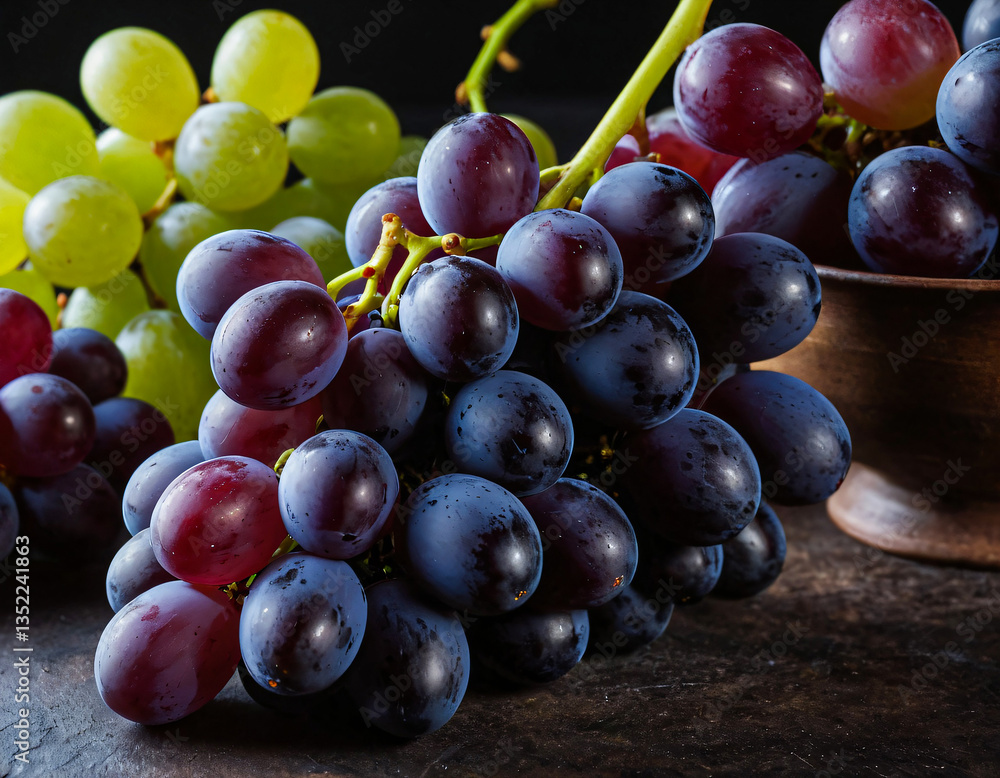 Fototapeta premium Fresh Red, Black, and Green Grapes on Dark Background