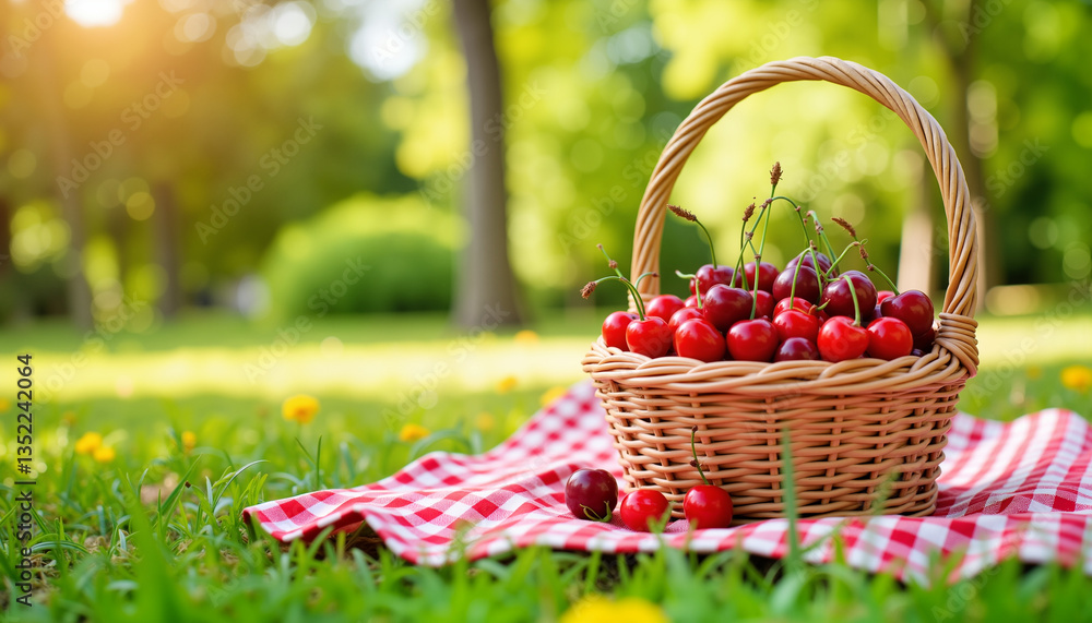 Wicker basket filled with fresh red cherries on a picnic blanket in a sunny park Wicker basket filled with fresh red cherries on a picnic blanket in a sunny park