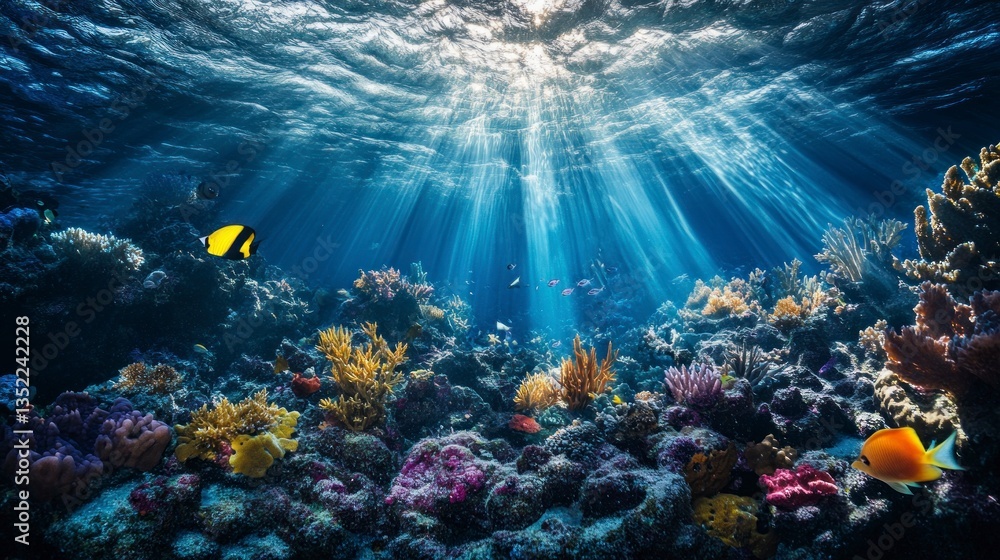 Exploring Coral Reef with Fish and Sunlight Beams Underwater Landscape Exploring Coral Reef with Fish and Sunlight Beams Underwater Landscape