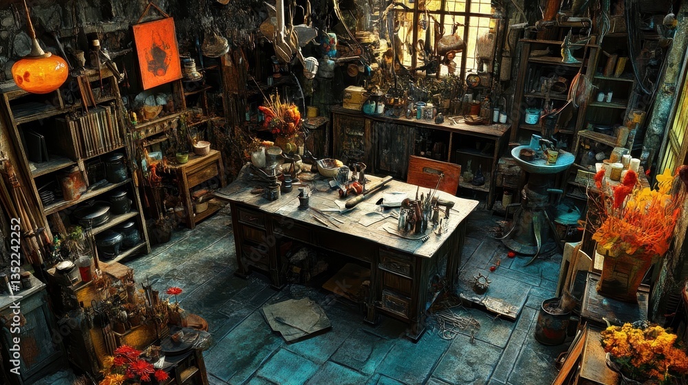 Naklejka premium A cluttered creative studio full of interesting objects and tools