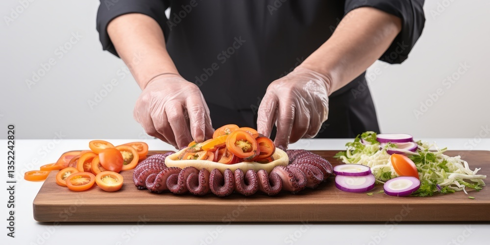 A chef skillfully assembling a colorful dish on a wooden board, featuring fresh vegetables like tomatoes, onions, and lettuce, with a clean kitchen backdrop suggesting culinary creativity A chef skillfully assembling a colorful dish on a wooden board, featuring fresh vegetables like tomatoes, onions, and lettuce, with a clean kitchen backdrop suggesting culinary creativity