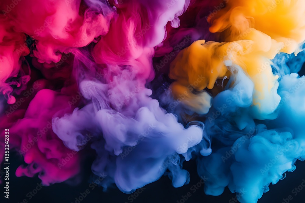 Fototapeta premium vibrant clouds of Holi powder in shades of pink purple yellow and blue swirling against a dark backdrop