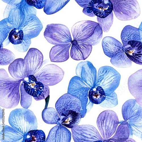 Watercolor blue orchid flowers pattern on a white background, featuring blue and purple colors. Watercolor print in rustic vintage style, textile or wallpapers.