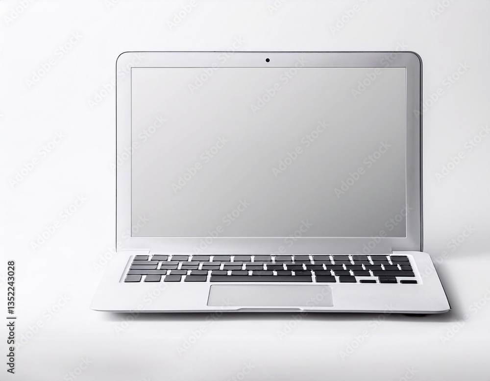 Fototapeta premium Modern silver laptop showing blank screen on white background