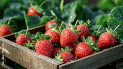 Life in the fields and countryside, agriculture, farming. Fresh Red Strawberries in Wooden Crate