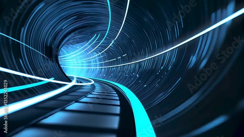 Futuristic High-Speed Tunnel with Light Trails and Curved Blue Path in Motion

