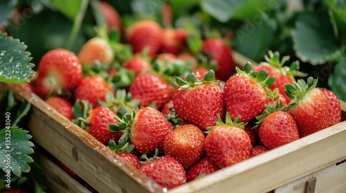 Life in the fields and countryside, agriculture, farming. Fresh Red Strawberries in Wooden Crate