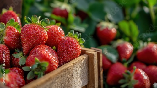 Life in the fields and countryside, agriculture, farming. Fresh Red Strawberries in Wooden Crate