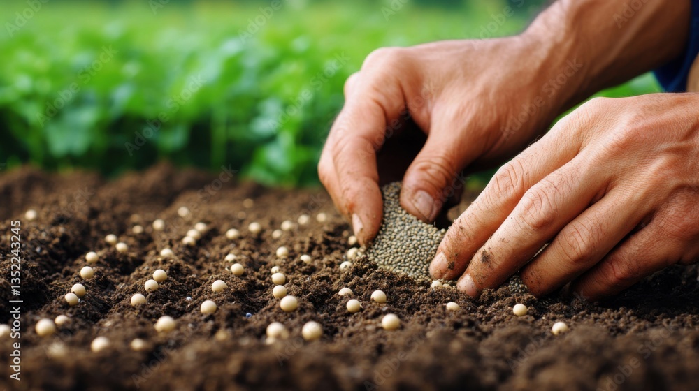 Life in the fields and countryside, agriculture, farming. Hands Planting Seeds in Dark Brown Soil Outdoors Life in the fields and countryside, agriculture, farming. Hands Planting Seeds in Dark Brown Soil Outdoors
