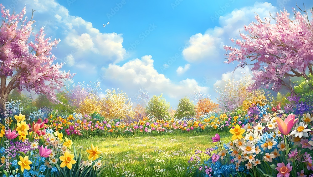 Obraz premium Tulip Garden in Full Bloom Sunny Day Landscape Park Scenery
