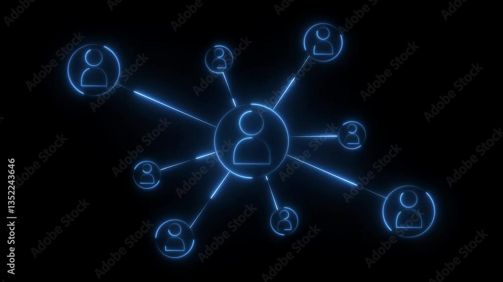 Animation of glowing neon blue color social network connection icon isolated .Business online communication and abstract social network connection concept . neon sign . on a black background