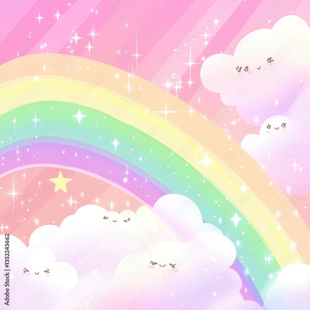 A colorful rainbow arches over smiling clouds with twinkling stars A colorful rainbow arches over smiling clouds with twinkling stars