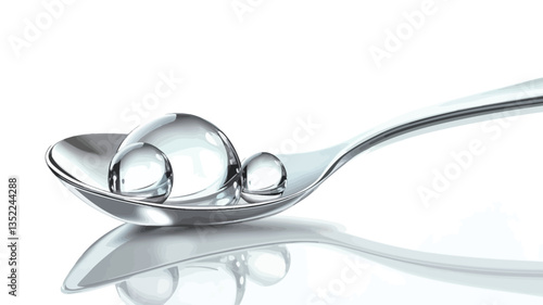 Close-up shot of a silver spoon on a white background. The spoon holds several small, transparent bubbles of liquid. The spoon's reflection is visible on the surface below.  The image is sharply