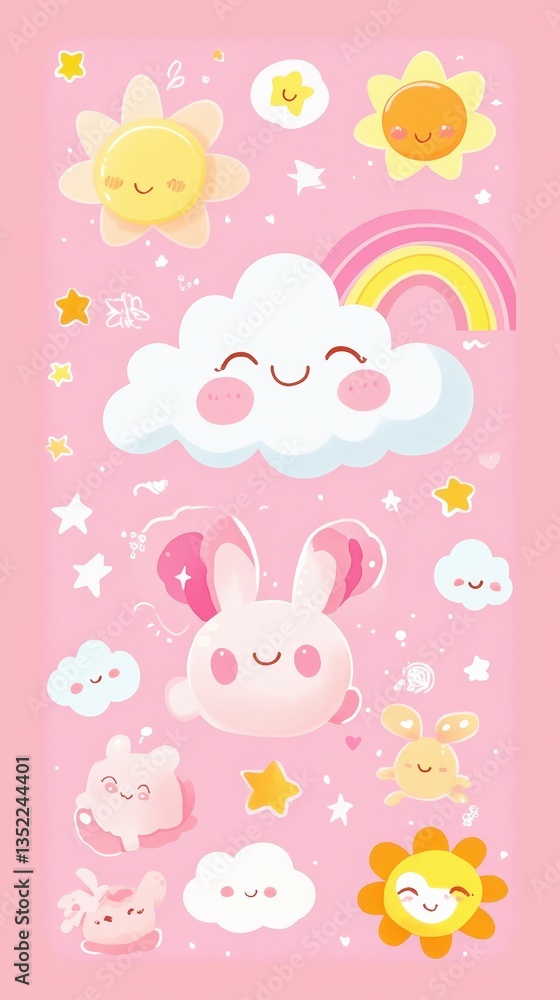 Playful cartoon image with cute smiling suns and bunny rabbits Playful cartoon image with cute smiling suns and bunny rabbits
