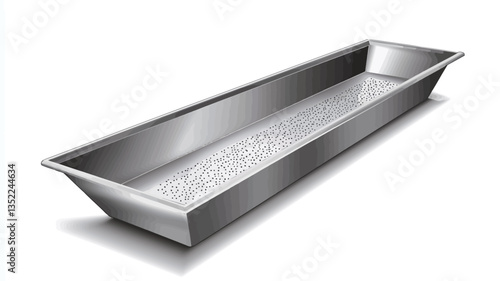 The image shows a long, rectangular metal tray. The tray appears to be made of stainless steel or a similar metallic material, exhibiting a shiny, reflective surface. The tray has a slightly sloped