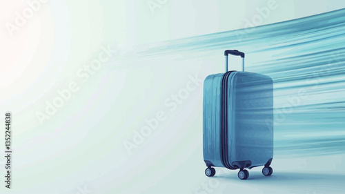 The image shows a dark blue, wheeled suitcase standing on a light-colored background.  The background features abstract, blurred, light blue lines suggesting motion or speed, creating a sense of