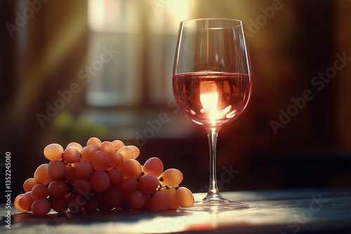 Elegant Glass of Wine Beside Fresh Grapes in a Cozy Wine Bar During Golden Hour