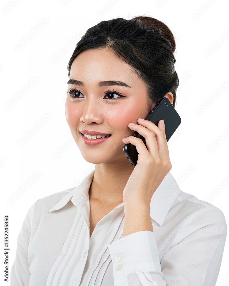 Young Asian woman standing talking on smartphone isolated on white background. Young Asian woman standing talking on smartphone isolated on white background.