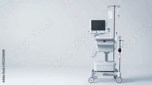 A full shot of a white medical apparatus on a mobile cart against a plain white background. The device includes a monitor, a keyboard, and an IV pole. The cart has wheels and is positioned slightly