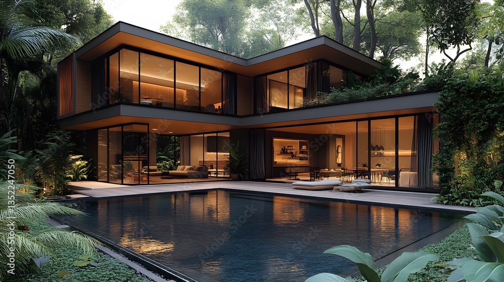 Fototapeta premium Modern tropical villa with large glass windows lush greenery and an infinity pool serene atmosphere illustration