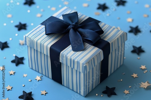 Beautifully Wrapped Blue Gift Box With a Bow Surrounded by Stars on a Blue Ba...