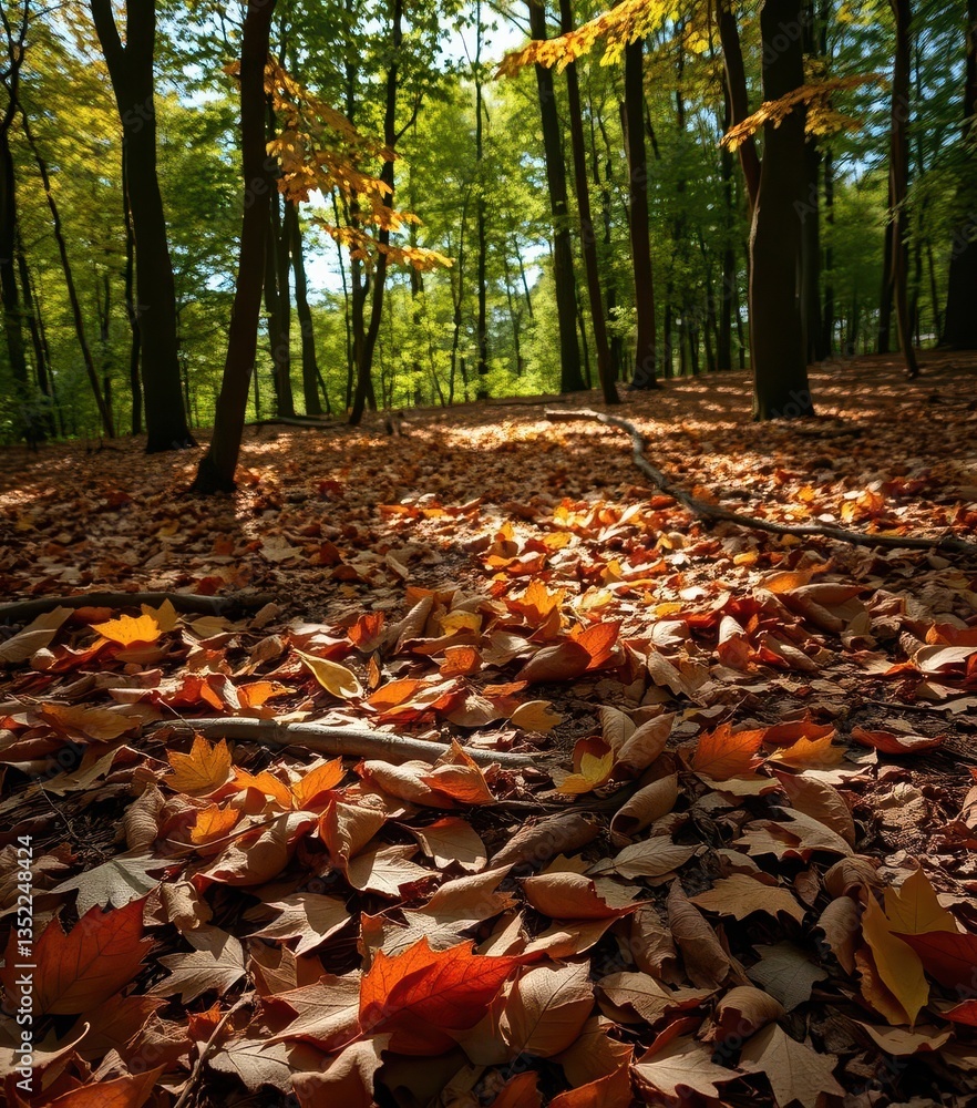 Obraz premium Forest floor strewn with autumn leaves, dappled sunlight creates natural camouflage, environment, earthy