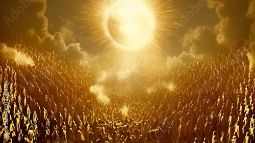 Jesus Christ stands in radiant light with clouds and multitude during a powerful moment of divine glory