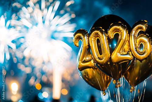 Gold New Year's celebration balloons and fireworks.