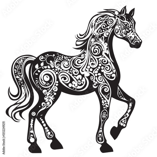 silhouette of a beautiful horse with a lush mane and patterns on a white background, graphics, side view, black and white, vector
