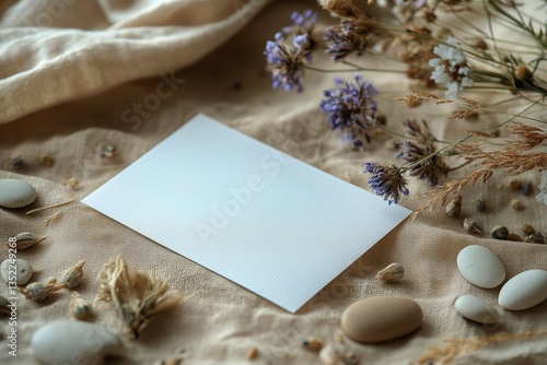 Blank Card Surrounded by Delicate White Flowers and Smooth Stones in Soft Light