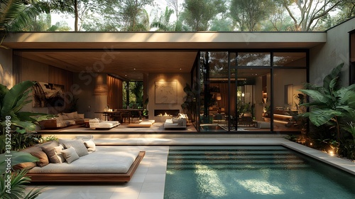 Wallpaper Mural Expansive glass-walled living room facing a private tropical garden merging indoor and outdoor spaces illustration Torontodigital.ca