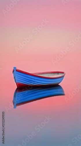 Colorful Fishing Boat Floating on Calm Water at Sunset Near a Serene Horizon