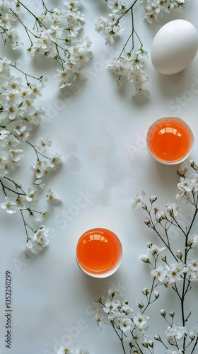 Freshly Cracked Egg Surrounded by White Flowers on a Bright Surface