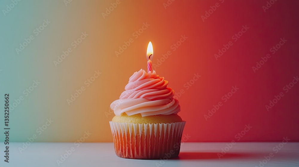 Delicious cupcake with a candle on a vibrant colored background for a festive look. - Delicious cupcake with a candle on a vibrant colored background for a festive look. -