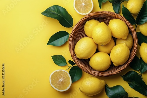Fresh Lemons Arranged in a Wicker Basket on a Vibrant Yellow Background With ...