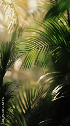 Lush Green Palm Fronds Illuminated by Soft Sunlight in a Tropical Environment