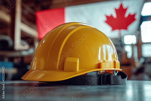 Yellow Hard Hat Positioned on Wooden Surface Against Backdrop of Canadian Flag