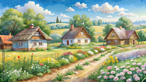 Watercolor village background, cozy cottages and blooming fields in harmonious earth tones, traditional Slavic rural life 