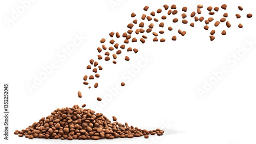 A high-angle, close-up studio shot depicts a stream of small, brown buckwheat grains falling and accumulating into a pile on a pure white background.  The grains are in sharp focus, showcasing
