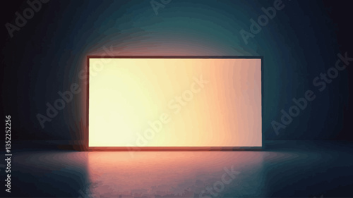 The image shows a rectangular screen, brightly lit with a warm, orange-yellow glow, positioned centrally against a dark, almost black background. The screen itself is blank, white, and evenly lit.