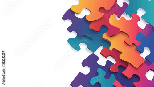 The image showcases a collection of colorful jigsaw puzzle pieces arranged on a white background. The pieces are rendered in a variety of bright, saturated hues, including oranges, yellows,