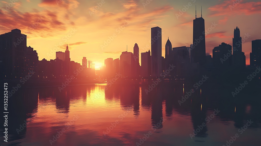 Fototapeta premium Beautiful urban skyline illustration with blue sky and water image