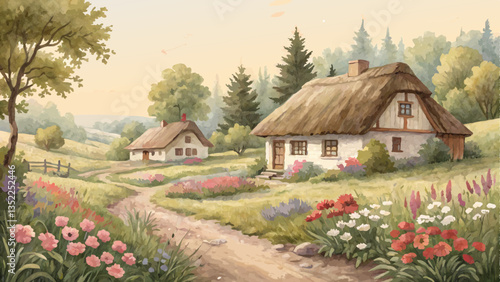 Watercolor village background, cozy cottages and blooming fields in harmonious earth tones, traditional Slavic rural life 