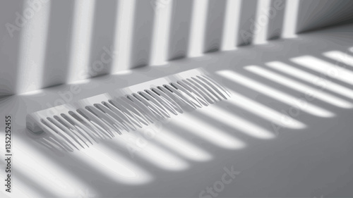 The image shows two white plastic combs lying on a white surface.  Strong, parallel vertical shadows cast by an unseen slatted object are visible across the surface and onto the combs. The overall