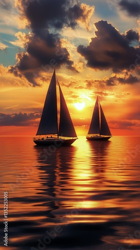 Sailboats Glide Across Calm Waters at Sunset Under a Vibrant Sky Adorned With...