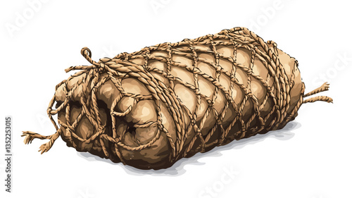 Close-up digital illustration of a cylindrical package tightly wrapped with light brown twine or rope. The wrapping is textured and creates a net-like pattern over the underlying beige package. The
