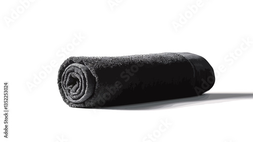 Close-up studio shot of a dark grey or black textile rolled up tightly. The textile appears soft and smooth with a uniform texture.  The background is pure white, providing a stark contrast to the